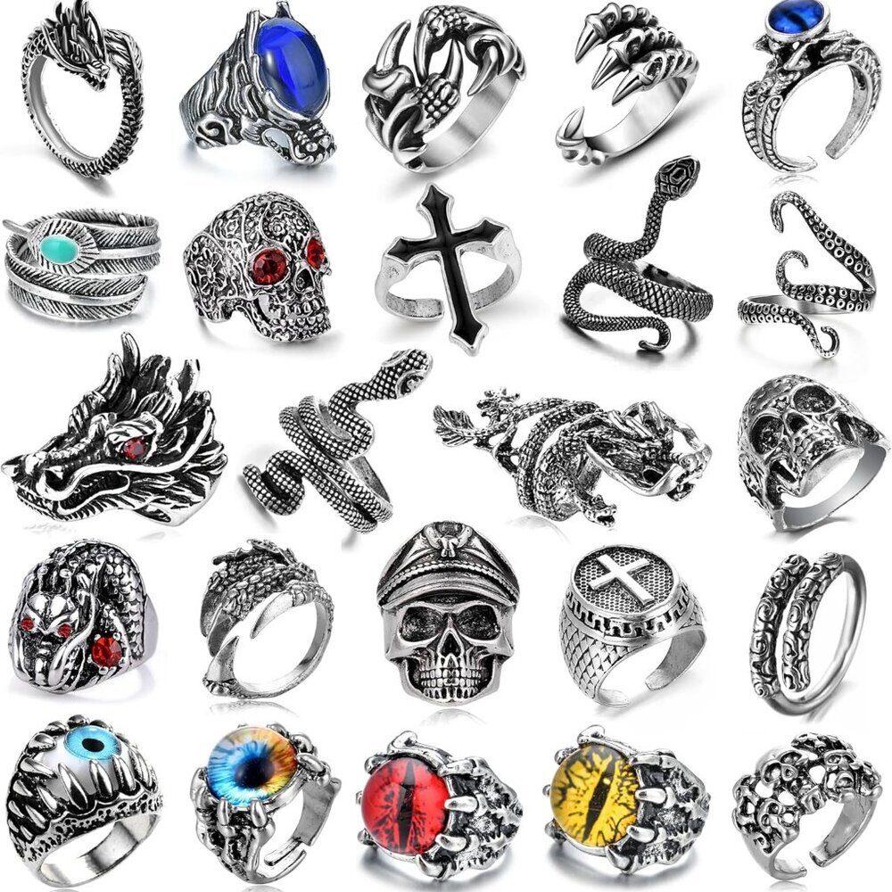 16-24 Pcs Vintage Punk Rings Set Gothic Biker Adjustable Rings Skeleton Skull Ri